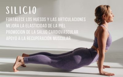 imagen de una mujer haciendo estiramientos. Acompaña el siguiente texto: SILICIO - Fortalece los huesos y las articulaciones, mejora la elasticidad de la piel, promoción de la salud cardiovascular, apoyo a la recuperación muscular